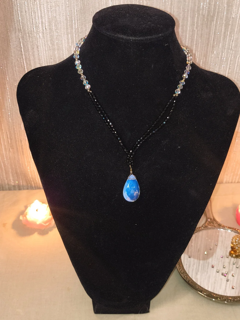 925 Sterling Silver Black Beaded Crystal Blue Teardrop Statement Necklace